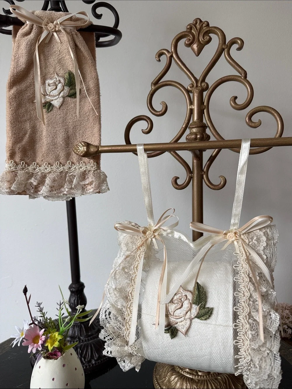 Hand Crafted Beige and Ivory Lace Toilet Paper Sachet & Hand Towel Set